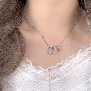 Hello Kitty Necklace Double Pendant with CZ's and Pink Bow SIlver Chain Short